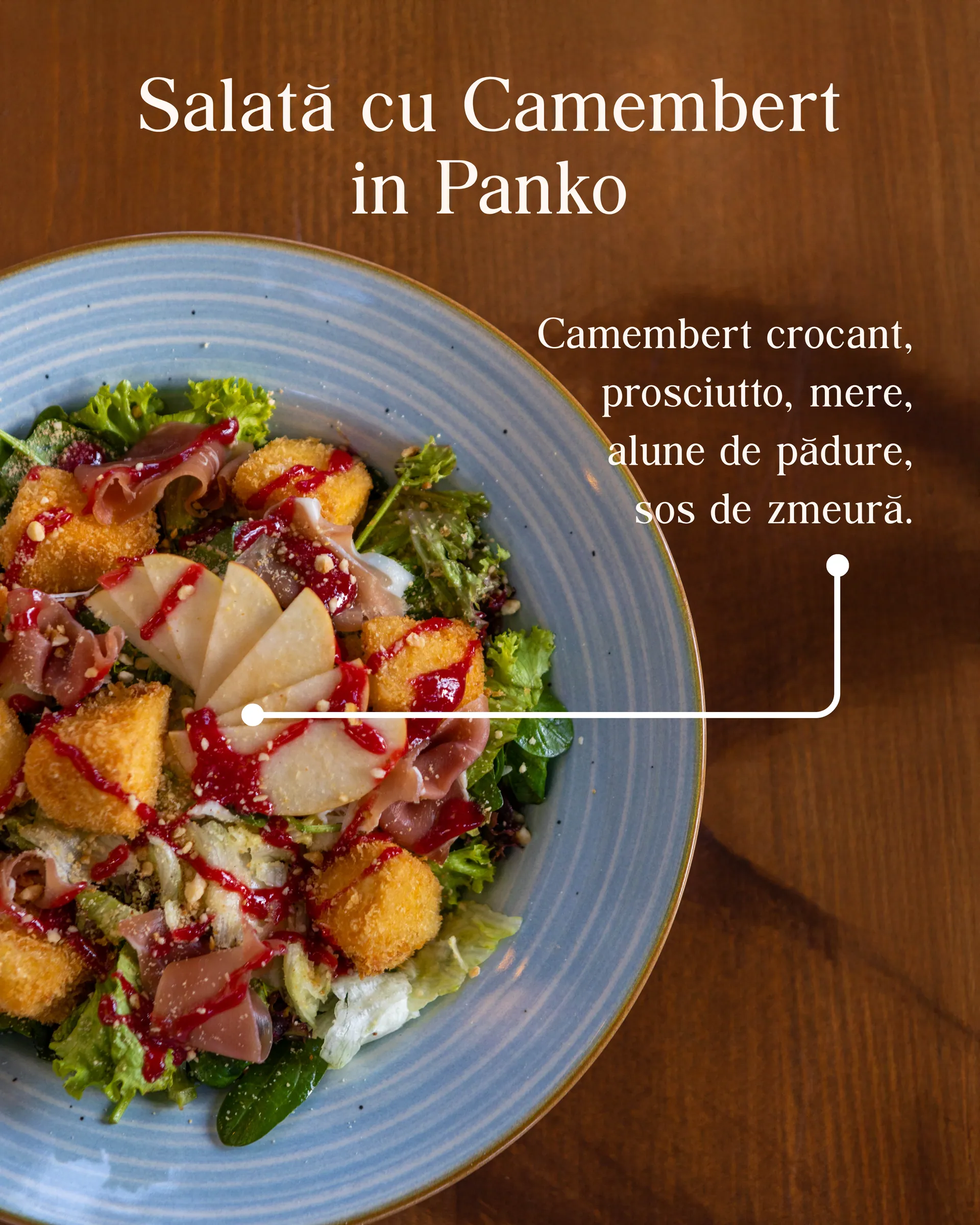 Card de meniu — salată cu camembert în panko — E45 Restobar